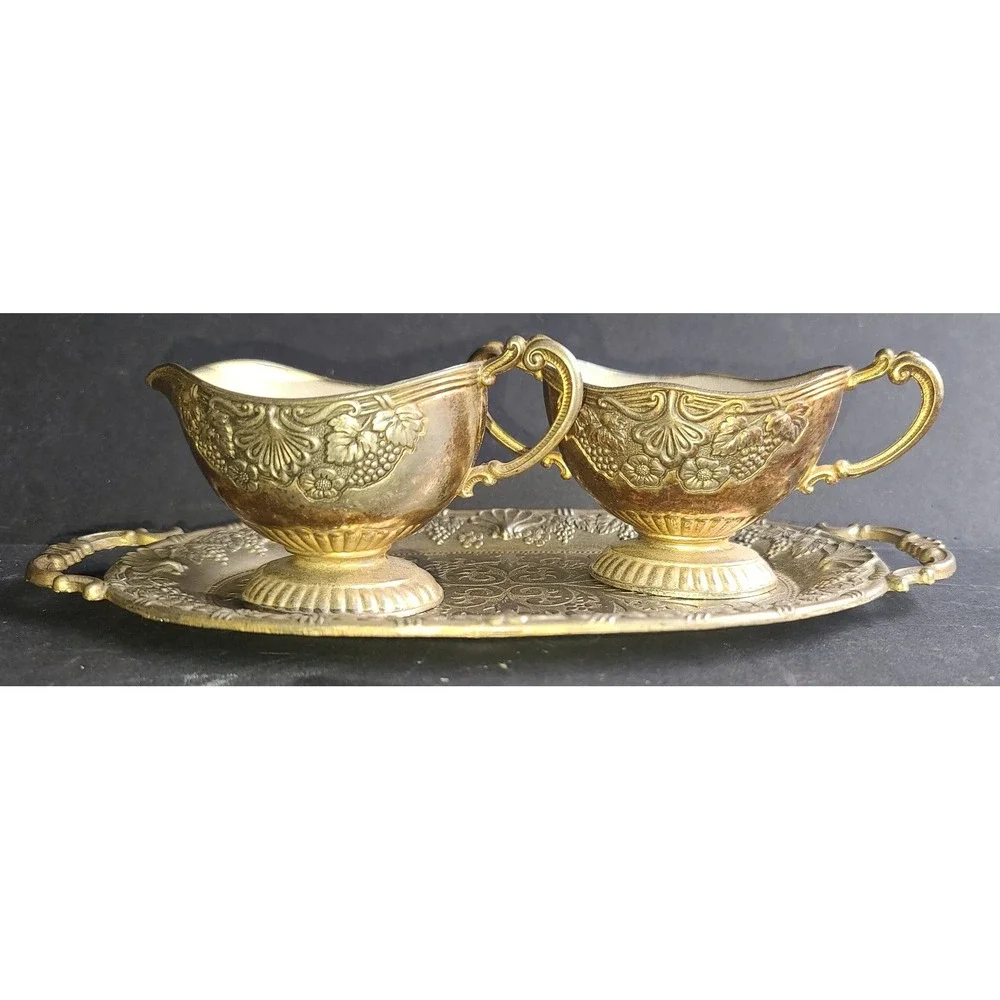 Vintage Silver Plated Creamer Sugar Tray Set Japan Grape Repousse Floral Motif